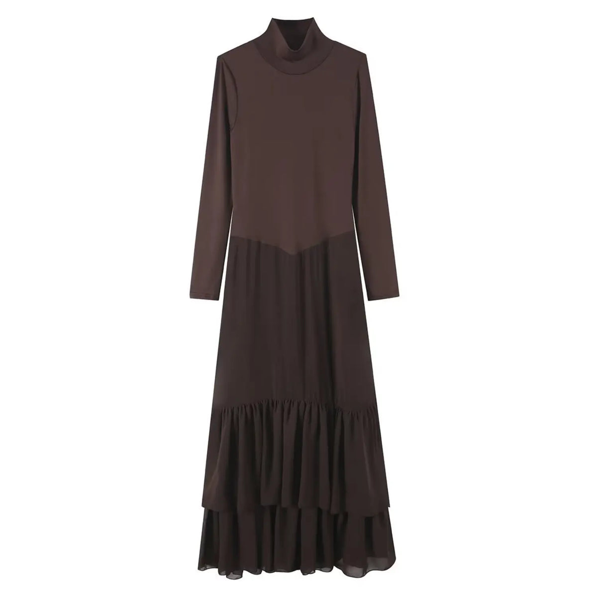 Front flat lay of brown turtleneck ruffle tiered midi dress