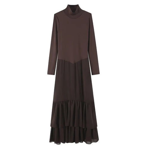 Front flat lay of brown turtleneck ruffle tiered midi dress