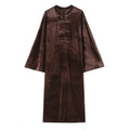 Front flat lay of brown velvet frog button midi dress
