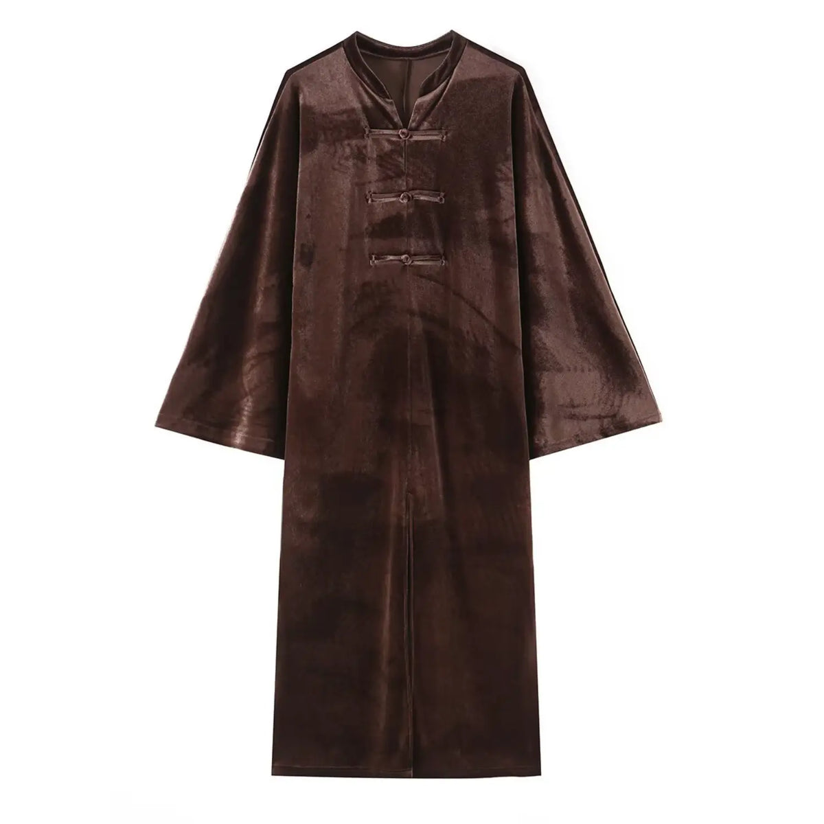 Front flat lay of brown velvet frog button midi dress