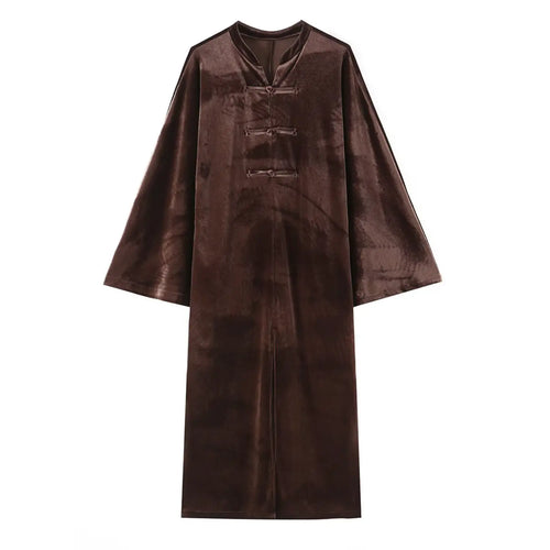 Front flat lay of brown velvet frog button midi dress