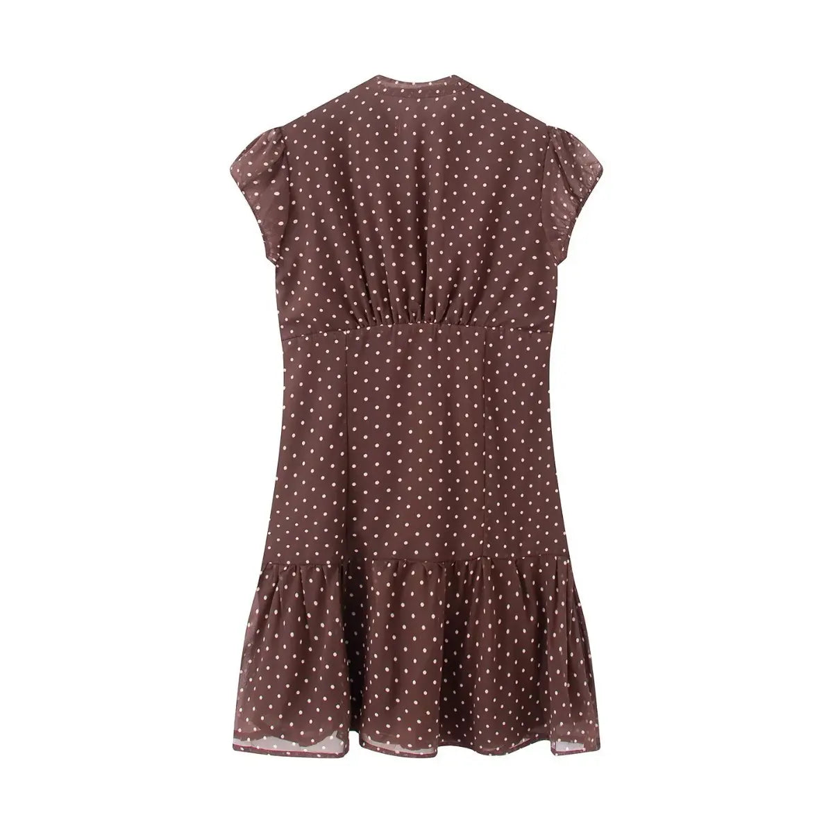 Brown and white polka dot chiffon mini dress with a notched collar, button placket, and ruffled hem, back view flat lay on white background.