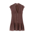 Brown and white polka dot chiffon mini dress with a notched collar, button placket, gathered waist, and ruffled hem, front view flat lay on white background.
