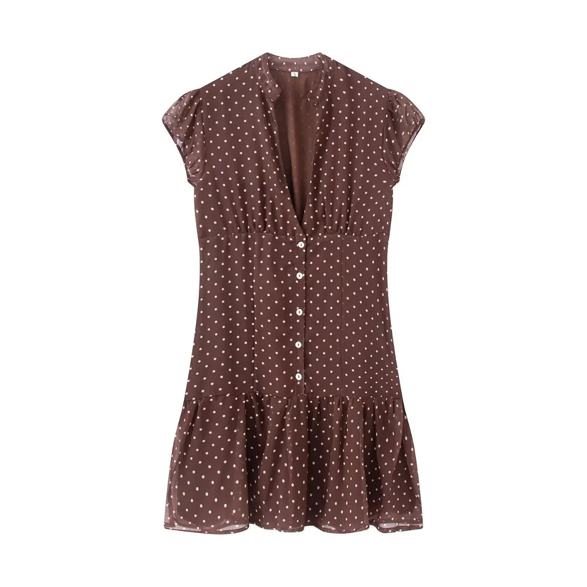 Brown and white polka dot chiffon mini dress with a notched collar, button placket, gathered waist, and ruffled hem, front view flat lay on white background.