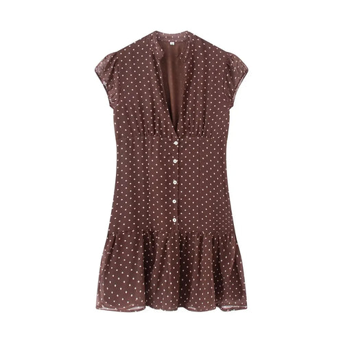 Brown and white polka dot chiffon mini dress with a notched collar, button placket, gathered waist, and ruffled hem, front view flat lay on white background.