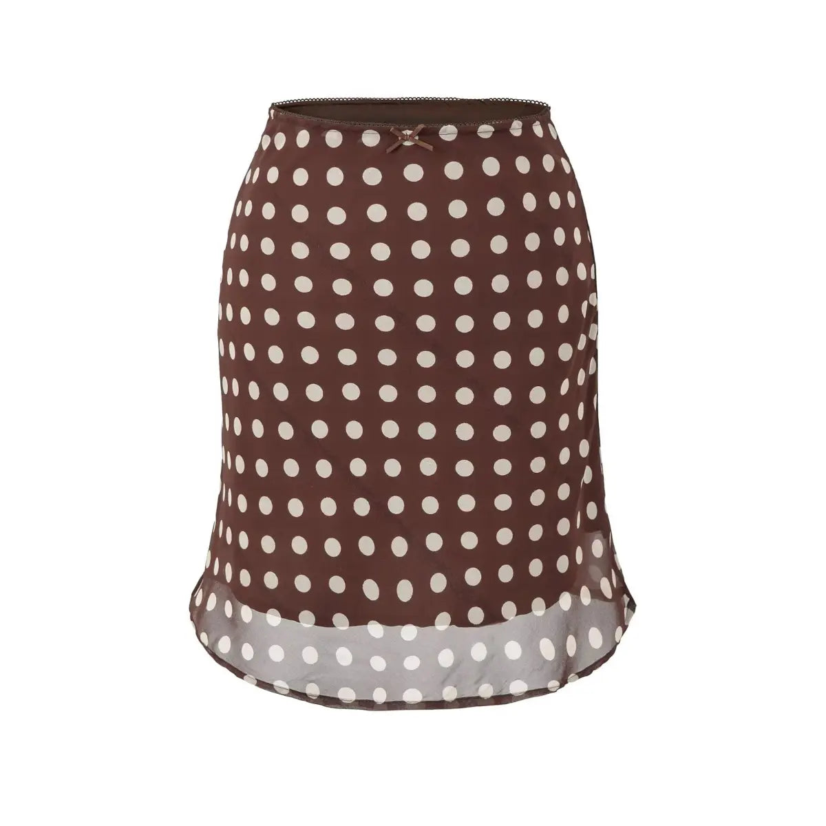Studio shot of a brown and white polka dot chiffon mini skirt, showing the delicate print, lace-trimmed waistband, and flowy hem against a white background.