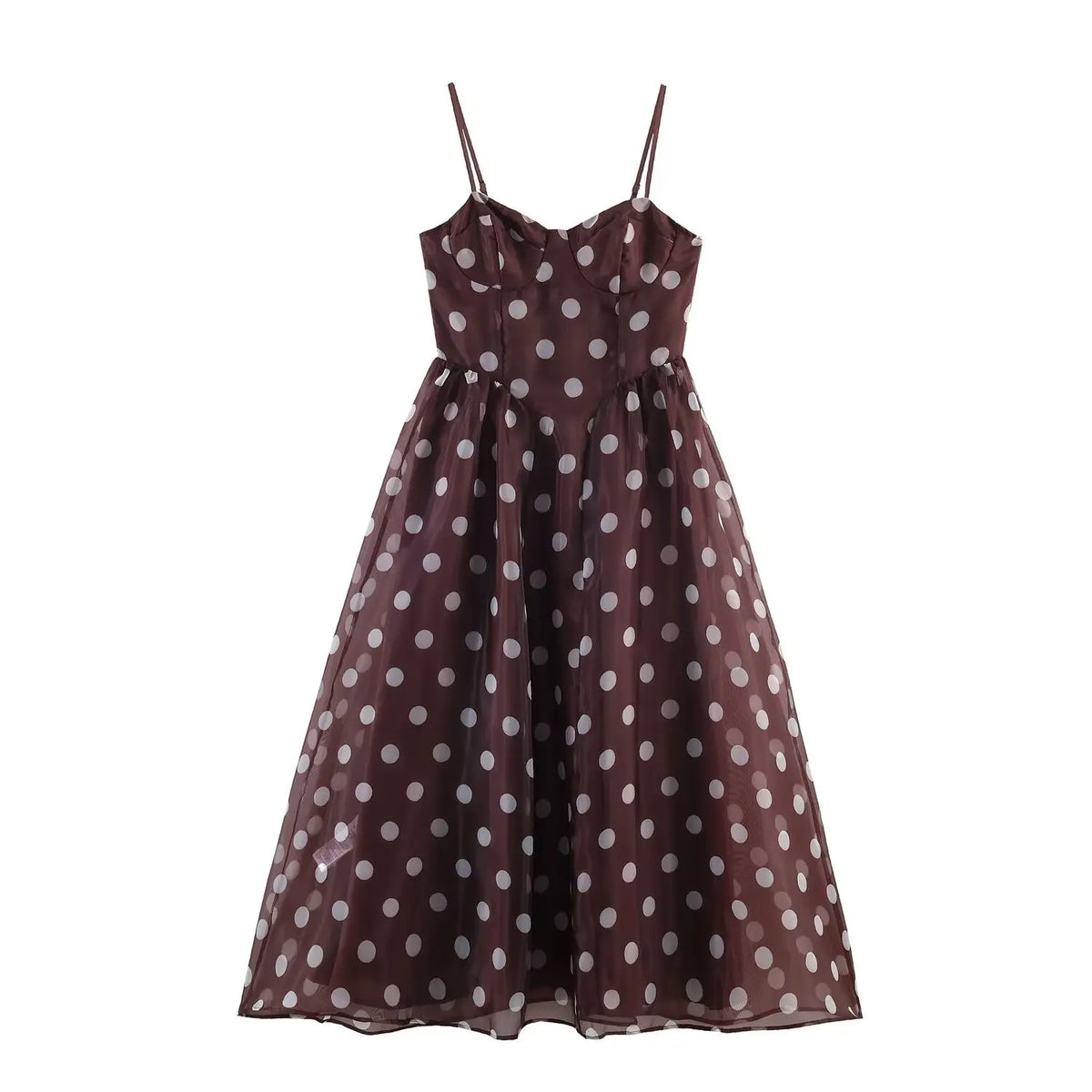 Brown maxi dress with white polka dots, front view, sweetheart bust cup, adjustable spaghetti straps, high waist, flowy long skirt