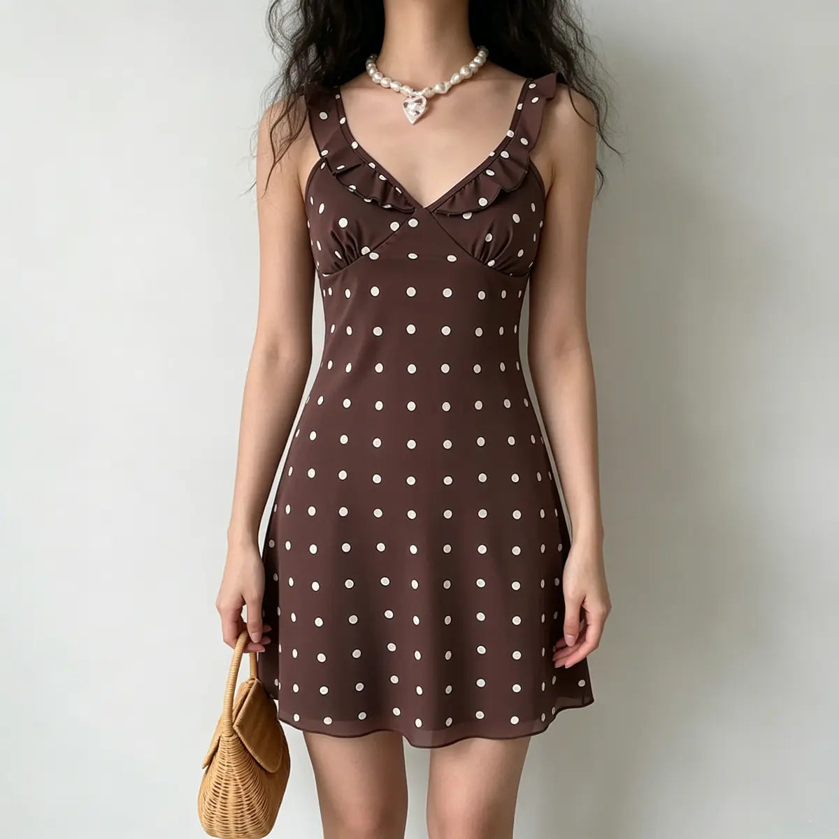 Model wearing a brown and white polka dot mini dress with ruffled spaghetti straps and a V-neckline, holding a wicker handbag.