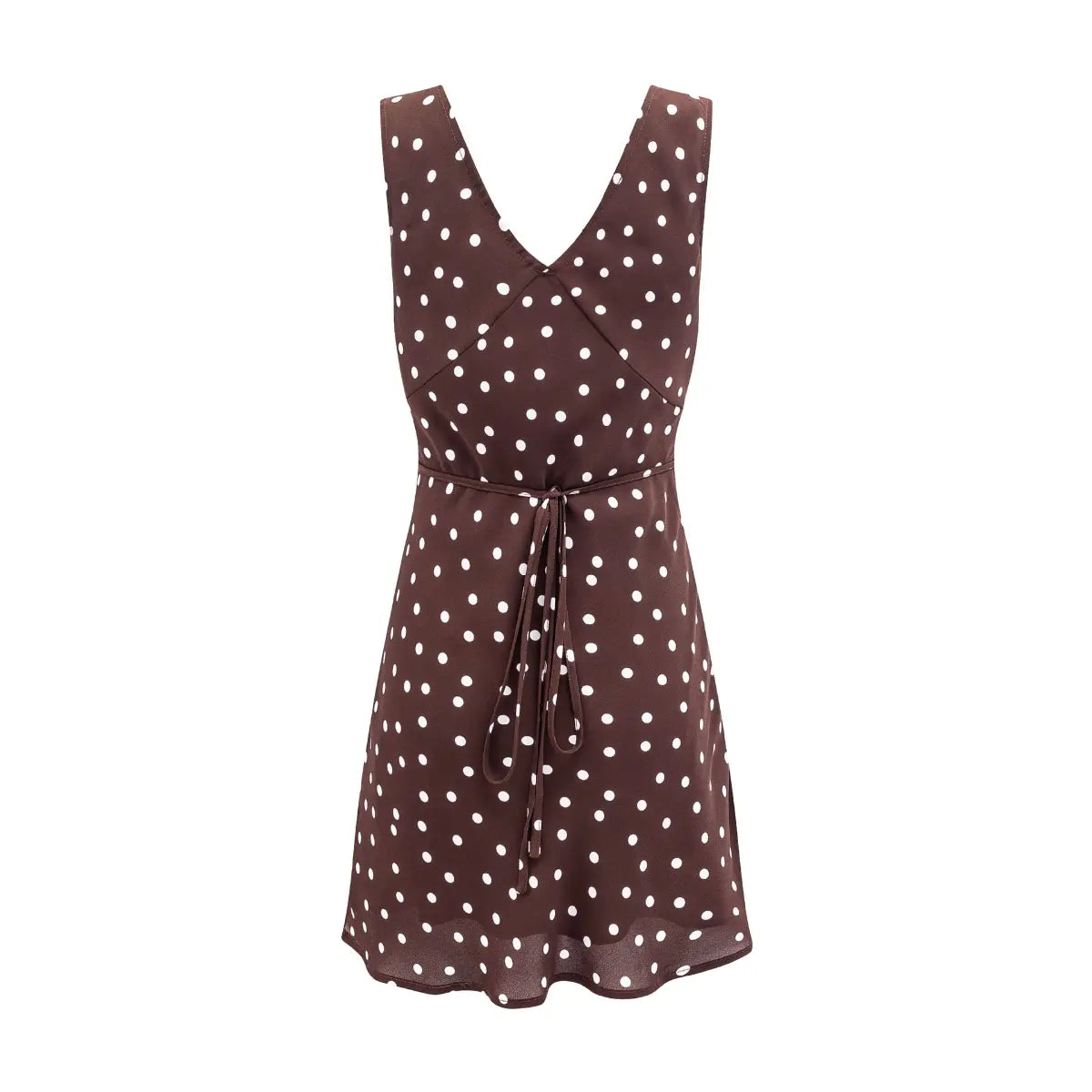 Back view of a brown and white polka dot sleeveless mini dress, featuring a V-back, waist tie detail, and flowy A-line silhouette.