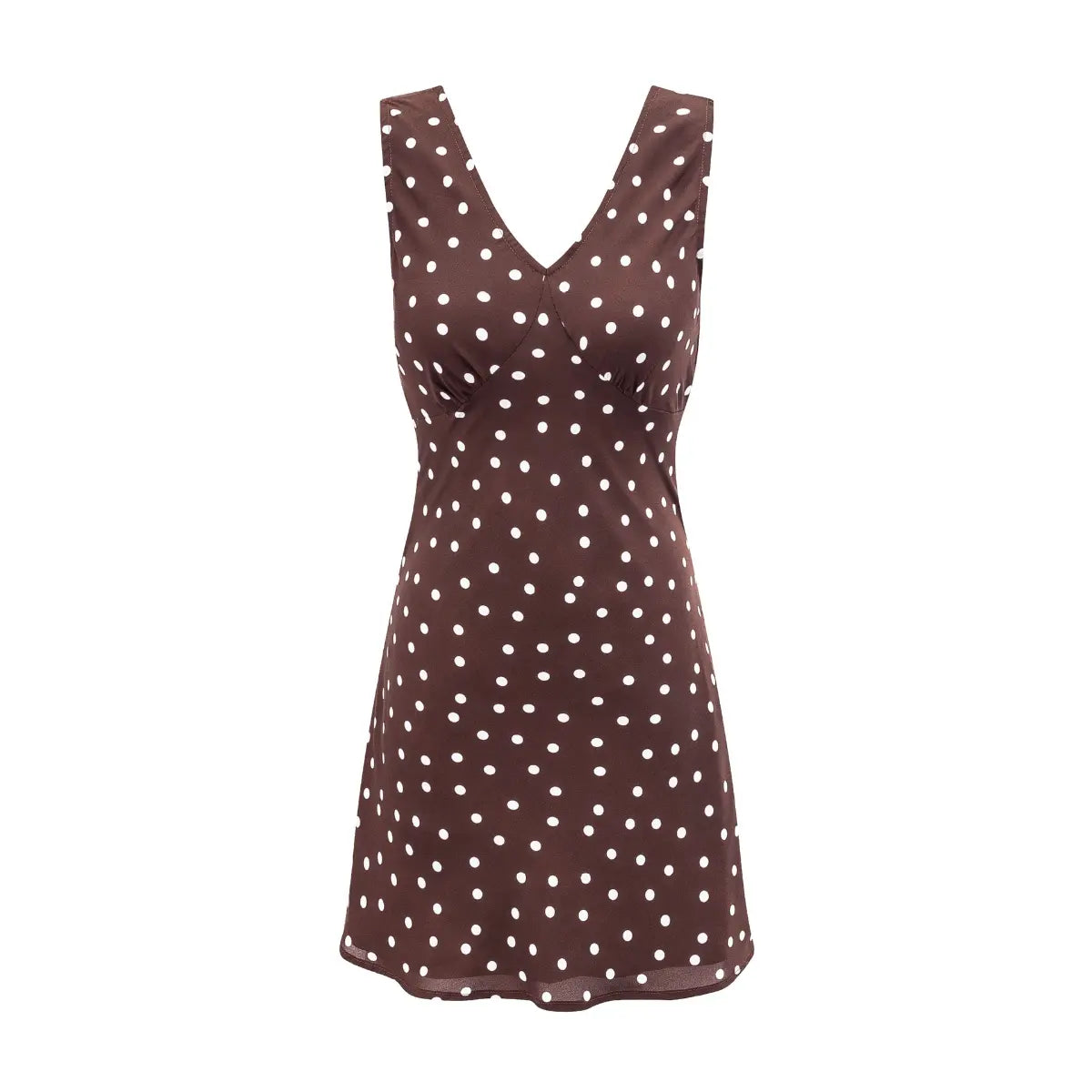 Front view of a brown and white polka dot sleeveless mini dress, showing the V-neckline, gathered bust, and fitted bodice.