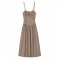 Brown white vertical stripe spaghetti strap midi dress, front view, ruched bust and flowy ruffle skirt