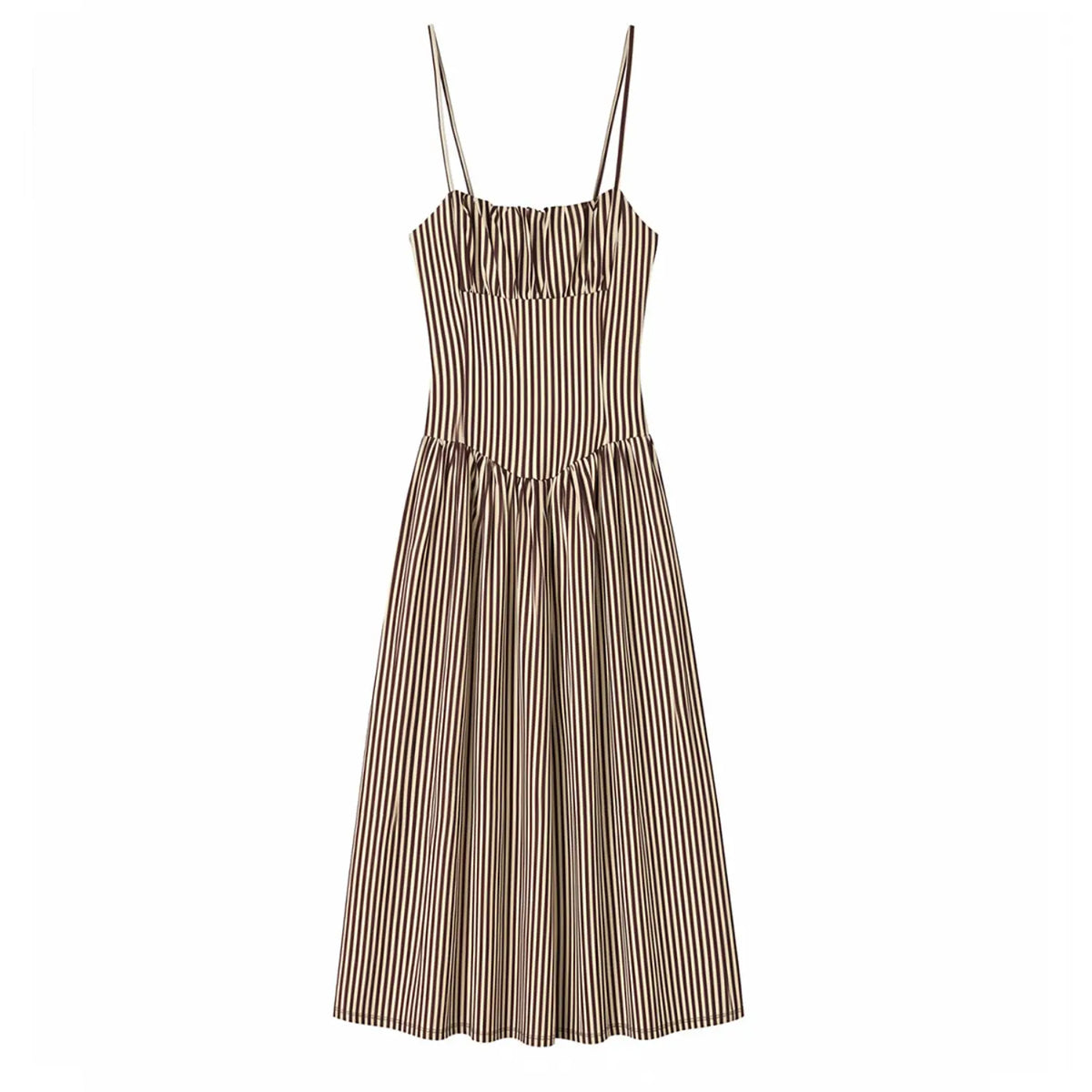 Brown white vertical stripe spaghetti strap midi dress, front view, ruched bust and flowy ruffle skirt