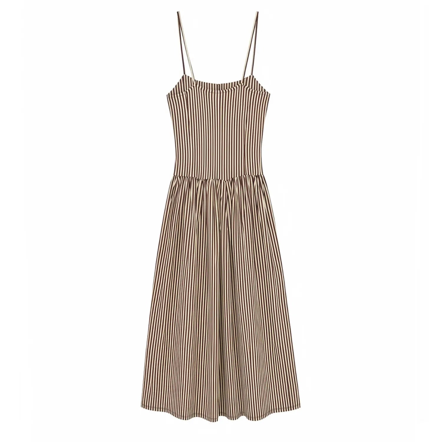 Brown white vertical striped cami midi dress, back view, simple square neck and fitted waist