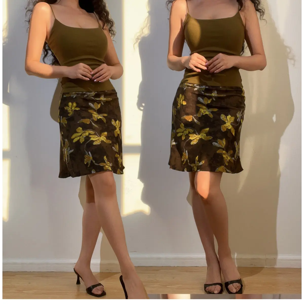 Two models wearing a brown and yellow floral chiffon mini skirt, paired with an olive green ribbed camisole, showing different styling options.