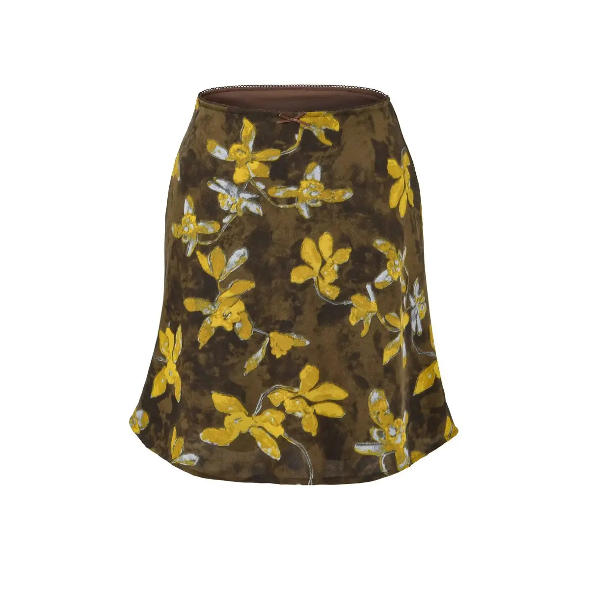 Studio shot of a brown and yellow floral chiffon mini skirt, showing the print, flowy hem, and lace-trimmed waistband against a white background.