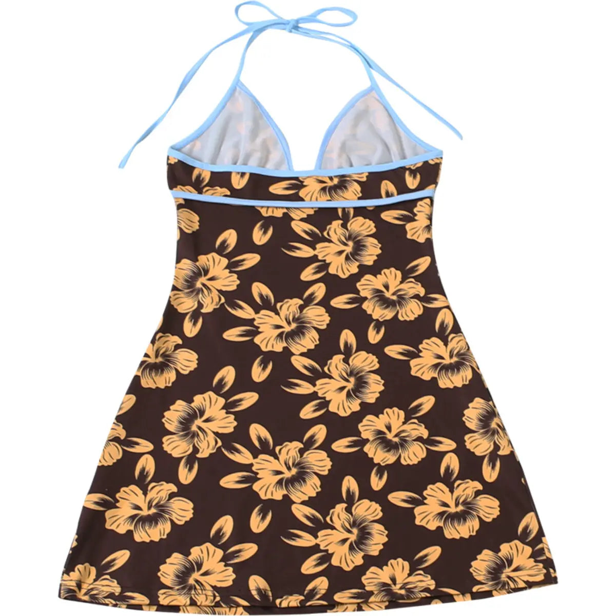 Full back view of a brown halter dress with yellow hibiscus floral print and light blue trim, showing the halter tie and V-neckline.