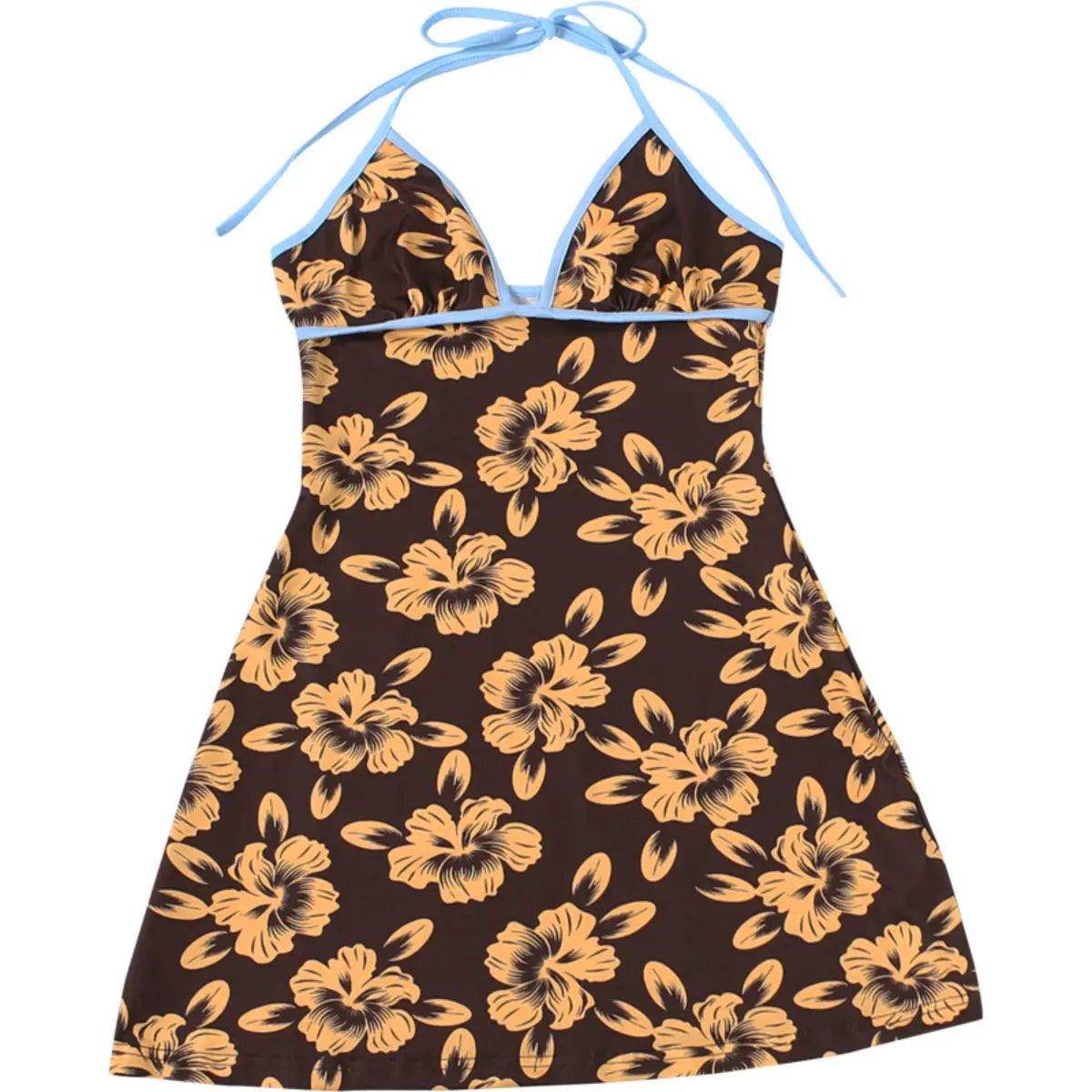 Full front view of a brown halter dress with yellow hibiscus floral print and light blue trim, laid flat.