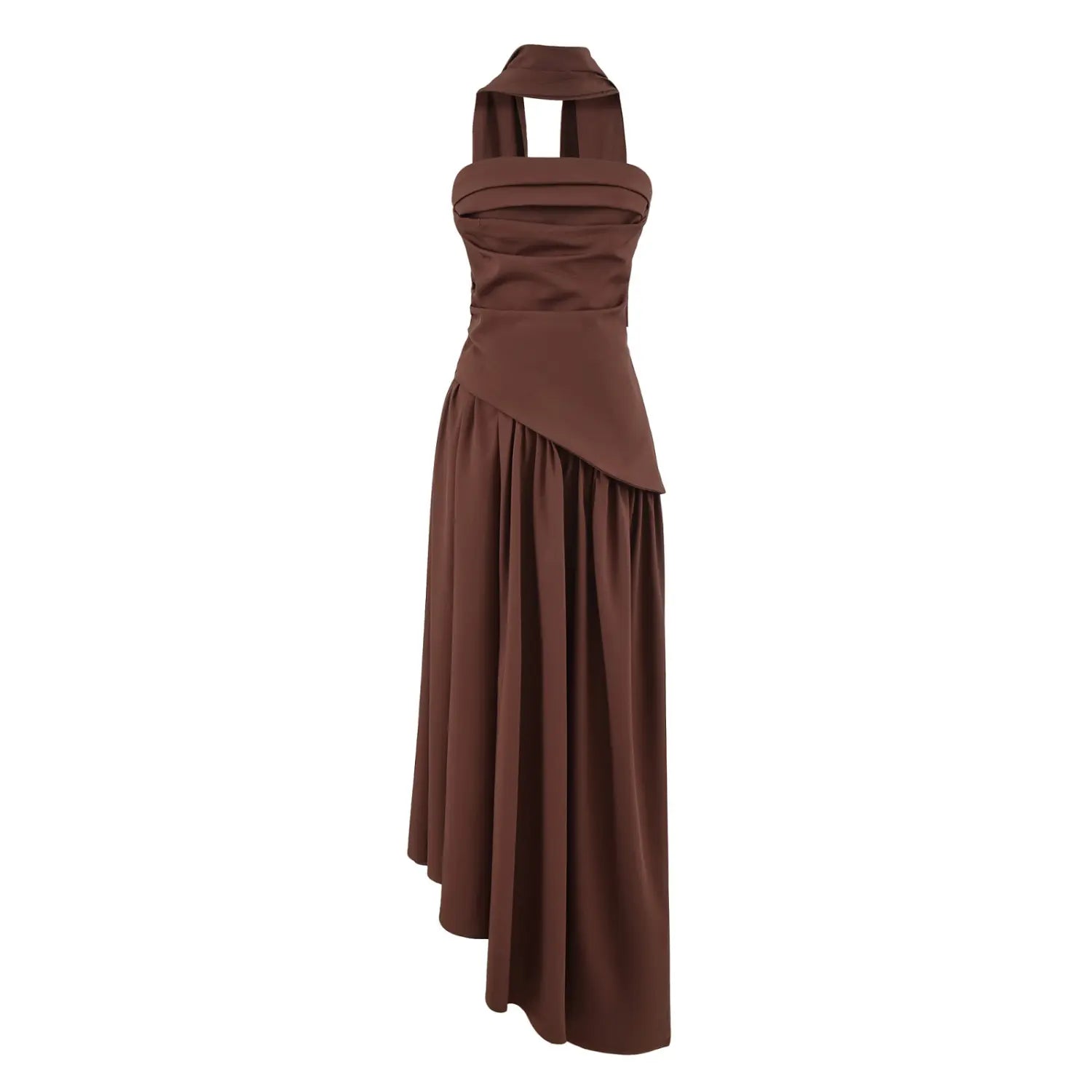 Front full view of brown halter asymmetrical pleated maxi dress