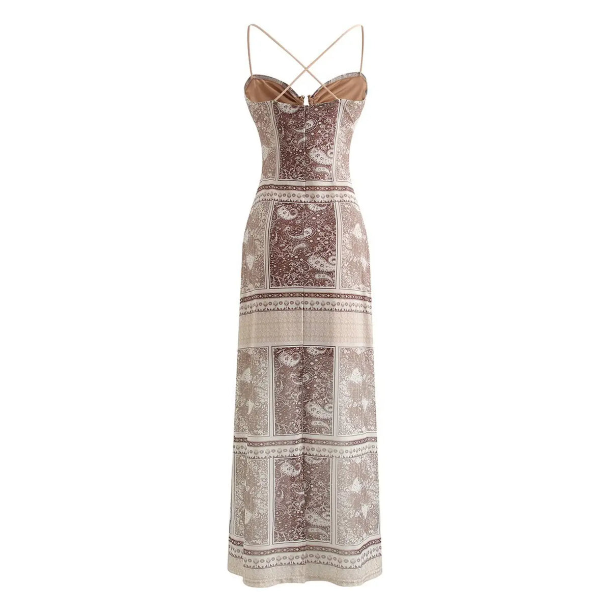 Back full view of brown paisley print cami maxi dress