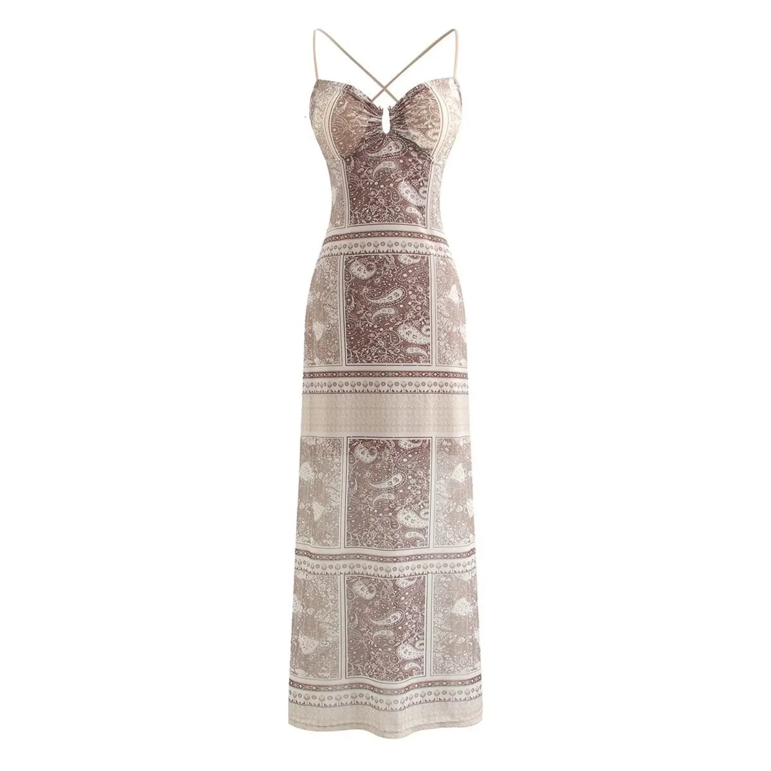 Front full view of brown paisley print cami maxi dress with crisscross thin straps