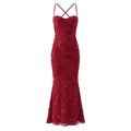 Burgundy 3D floral mesh mermaid maxi dress front plain white flat lay, heart built-in bra cups back cross lace-up fitted flared hem evening gown main hero shot