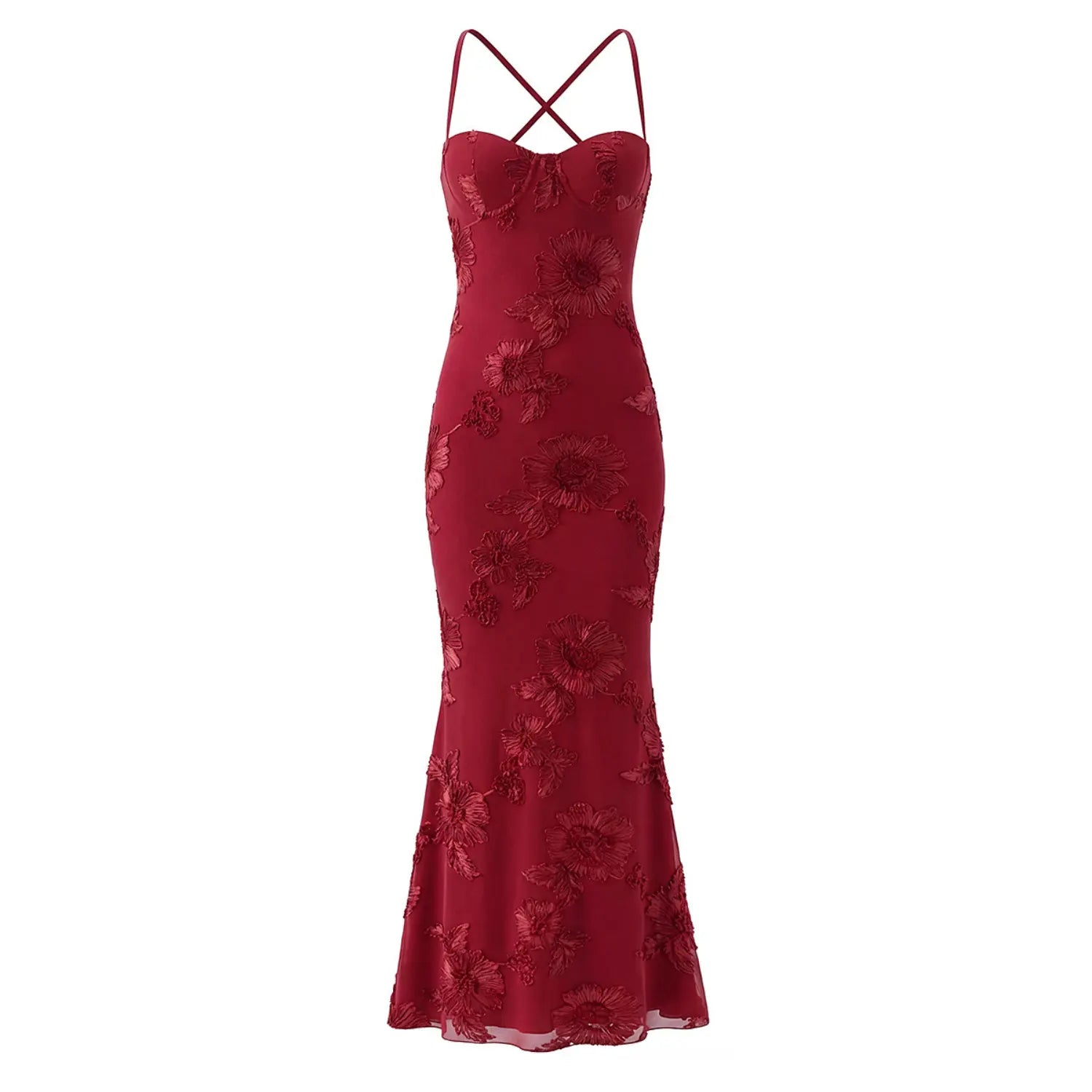 Burgundy 3D floral mesh mermaid maxi dress front plain white flat lay, heart built-in bra cups back cross lace-up fitted flared hem evening gown main hero shot