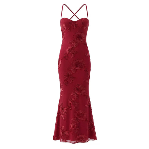 Burgundy 3D floral mesh mermaid maxi dress front plain white flat lay, heart built-in bra cups back cross lace-up fitted flared hem evening gown main hero shot
