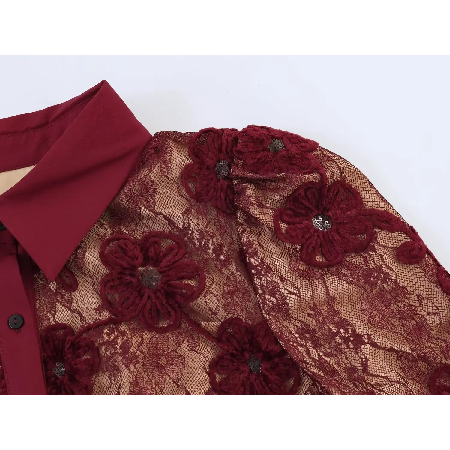 Close‑up shoulder and short sleeve textured 3d floral applique lace detail burgundy maxi dress