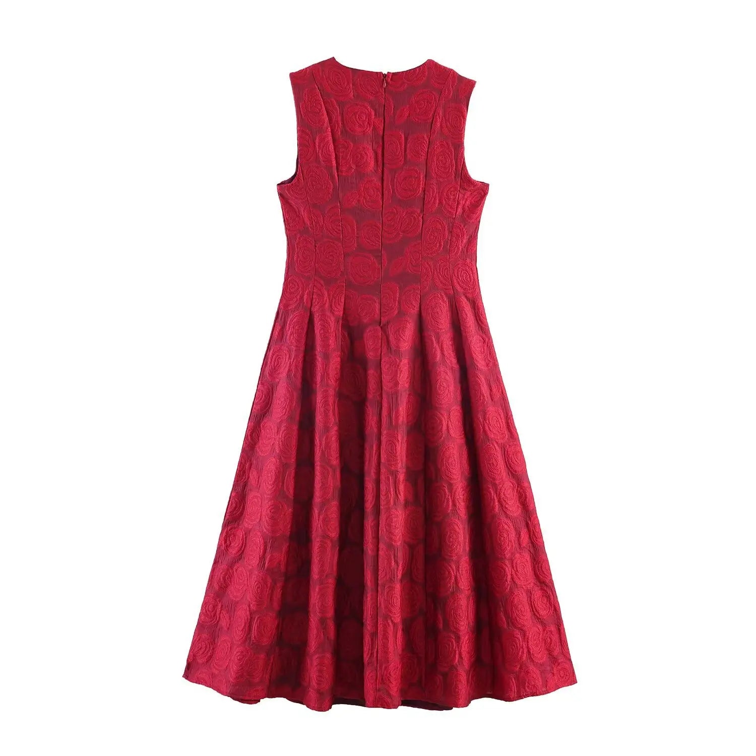 Full back flat lay, crew neck sleeveless cut, central back matching invisible zipper, vertical tailored waist darts, full gathered A-line midi skirt, embossed rose floral woven fabric