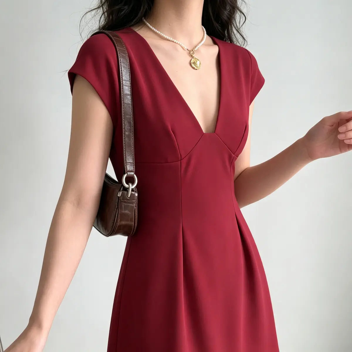 Close-up view of a model wearing a burgundy cap-sleeve V-neck mini dress, highlighting the neckline and structured bodice.