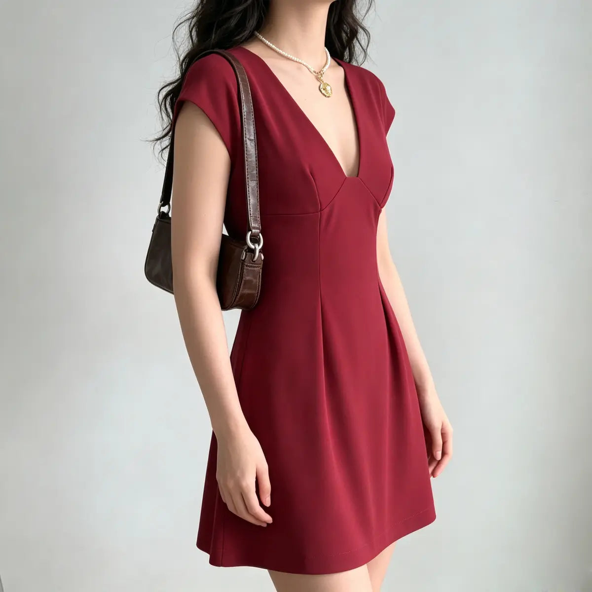 Side view of a model wearing a burgundy cap-sleeve V-neck mini dress, carrying a brown crocodile bag.
