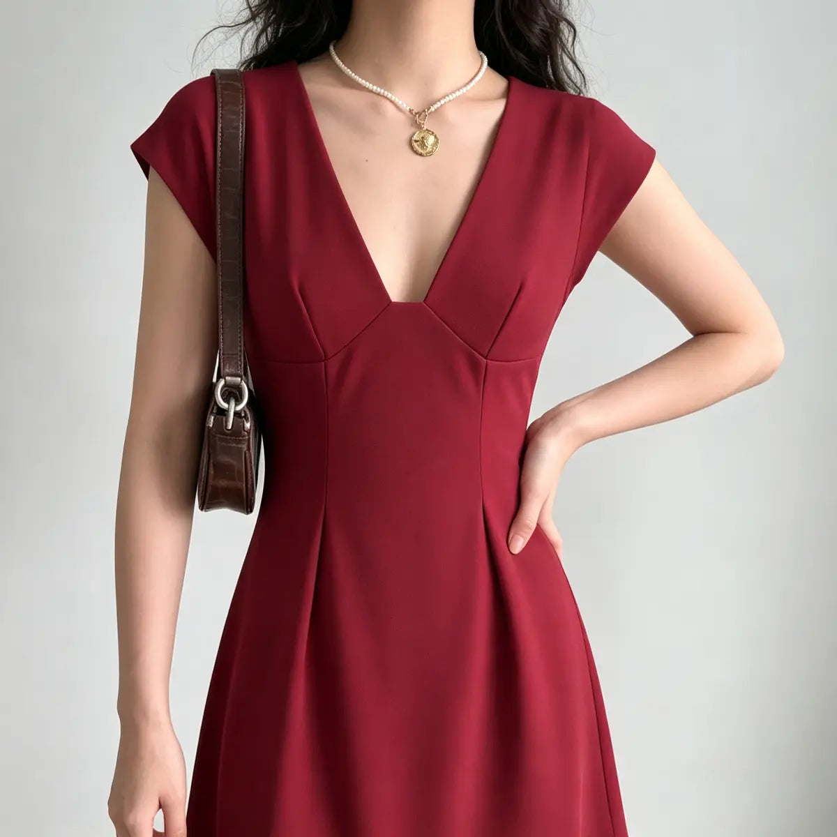 Three-quarter view of a model in a burgundy cap-sleeve V-neck mini dress, posing with one hand on her hip.
