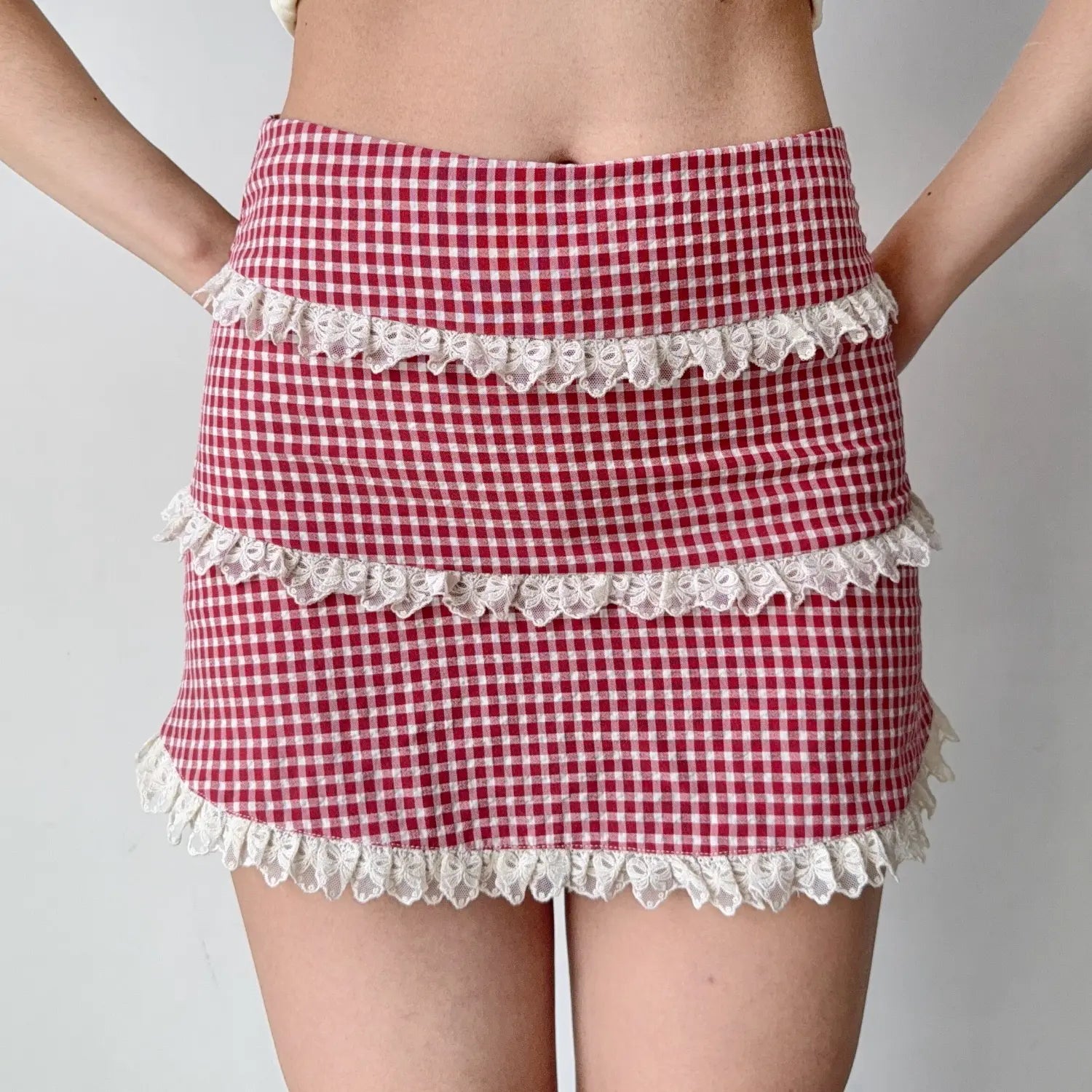 Burgundy gingham layered lace ruffle bodycon mini skirt, high waist stretch slim vintage picnic short skirt