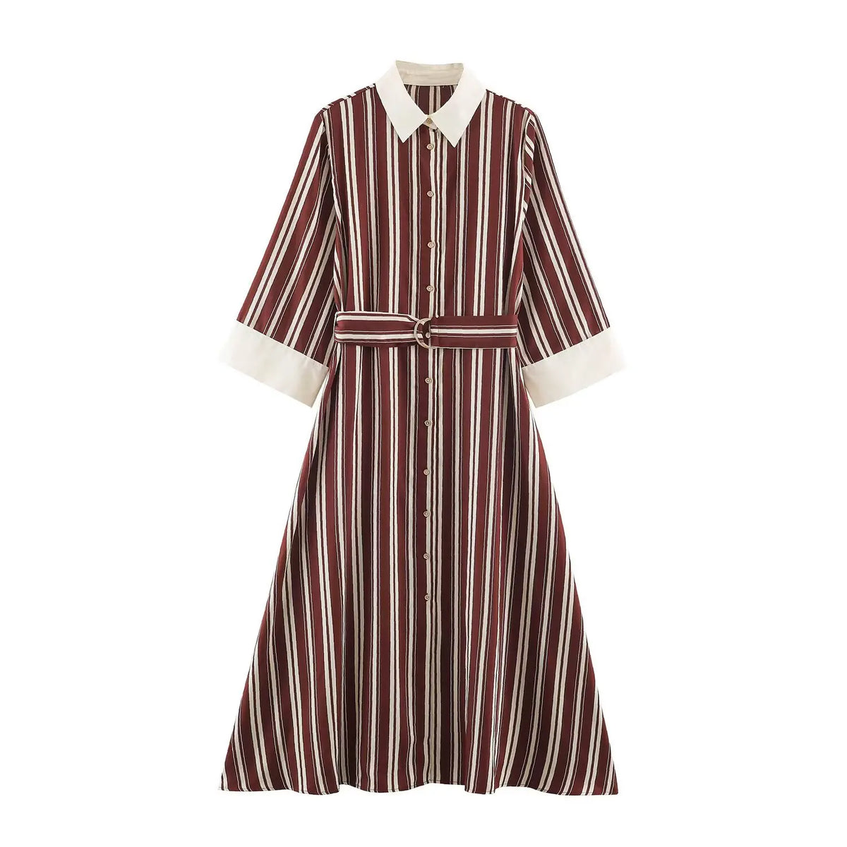 Front view burgundy cream vertical stripe shirt maxi dress with D‑ring belt, contrast collar and cuffs