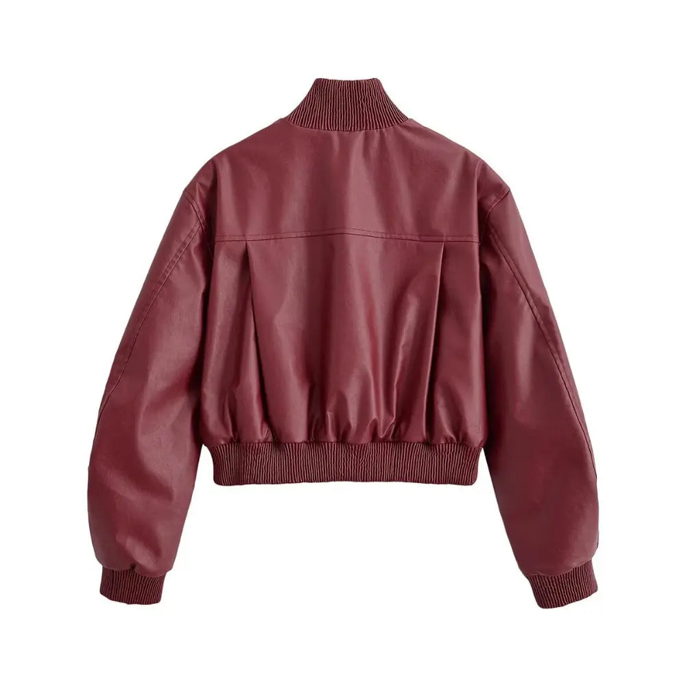 Burgundy faux leather cropped bomber jacket, back flat lay