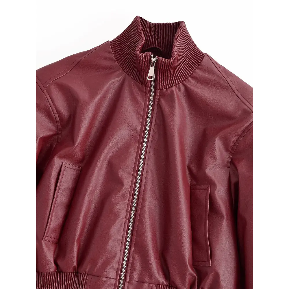 Close-up of ribbed stand collar and silver zipper