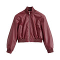 Burgundy faux leather cropped bomber jacket, front flat lay