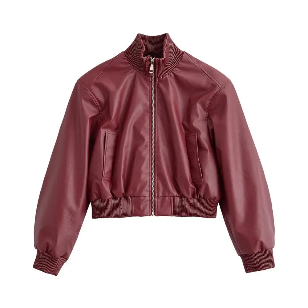 Burgundy faux leather cropped bomber jacket, front flat lay