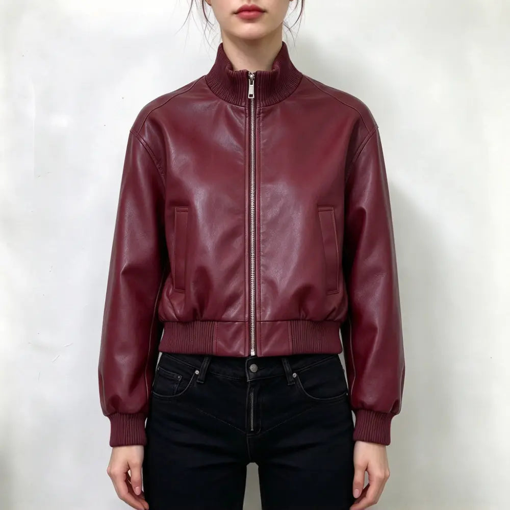 Model wearing burgundy faux leather cropped bomber jacket, front view