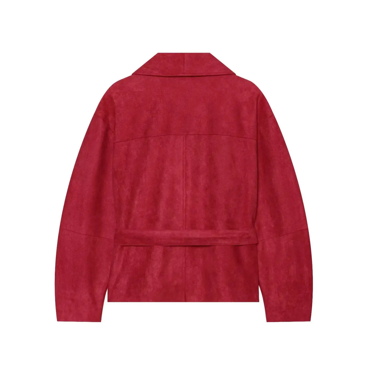 Back flat lay of burgundy faux suede shawl collar belted wrap jacket