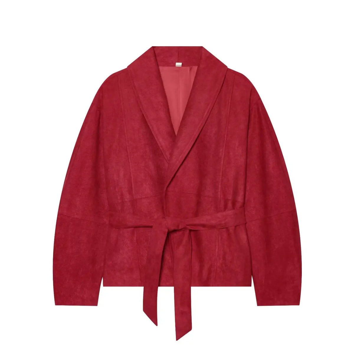 Front flat lay of burgundy faux suede shawl collar belted wrap jacket