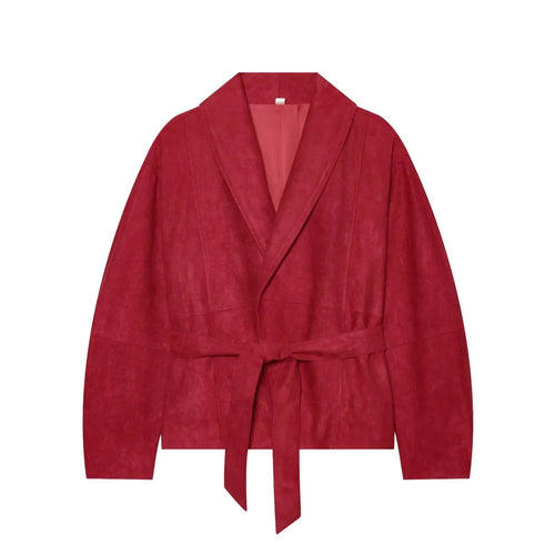 Front flat lay of burgundy faux suede shawl collar belted wrap jacket