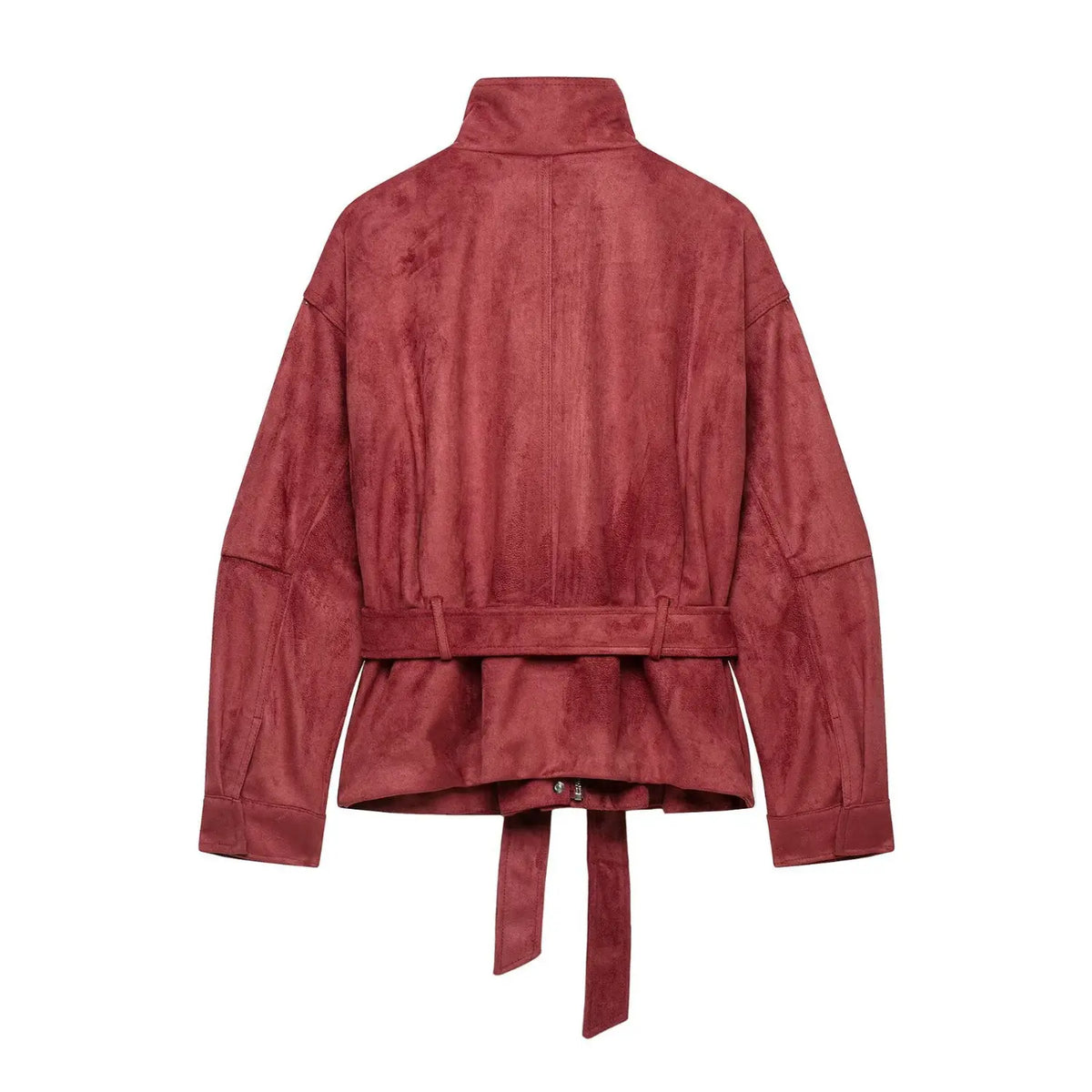 Back flat lay of burgundy faux suede stand collar belted cropped jacket