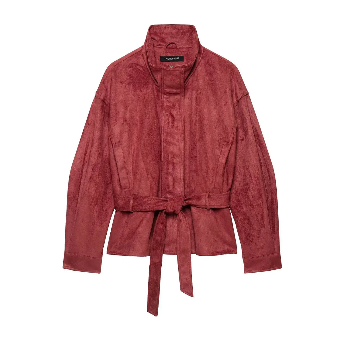 Front flat lay of burgundy faux suede stand collar belted cropped jacket