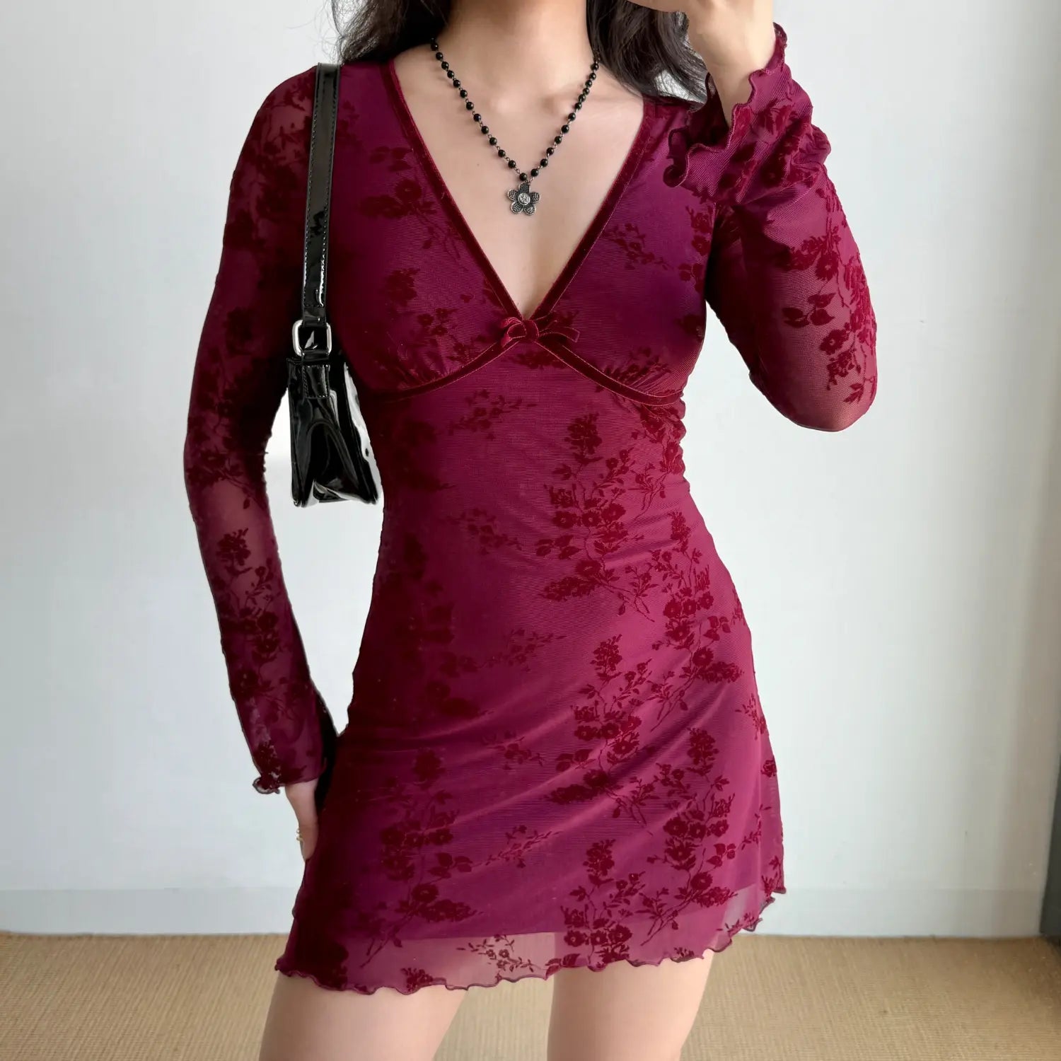 Burgundy floral flocked mesh mini dress, long ruffle sleeve deep v neck with tiny bow detail women slim fit party bodycon dress