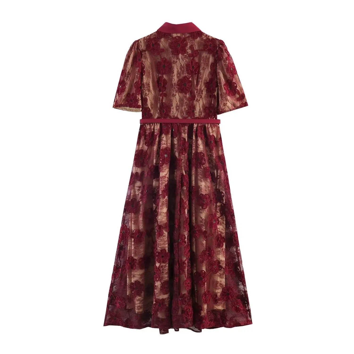 Flat lay back view burgundy collared floral lace maxi dress with defined waist belt