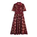 Flat lay front view burgundy collared short sleeve floral lace maxi dress with matching waist belt
