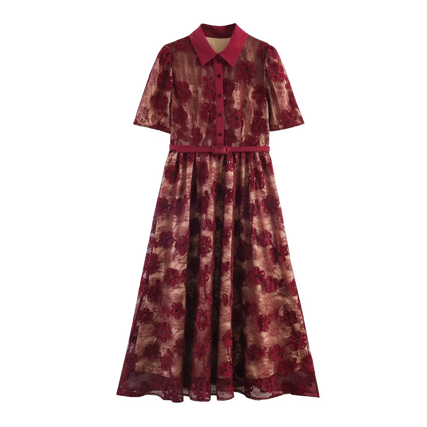 Flat lay front view burgundy collared short sleeve floral lace maxi dress with matching waist belt