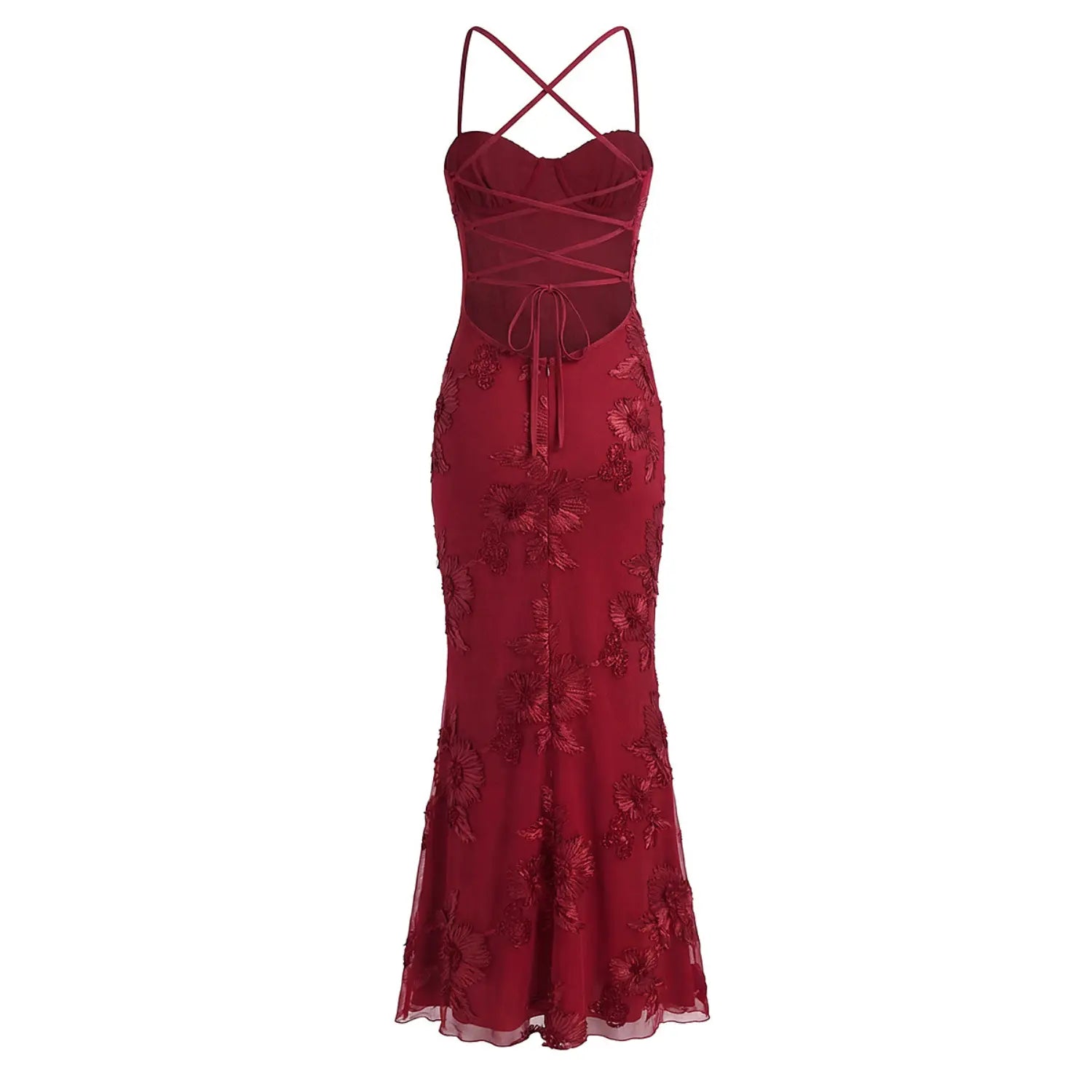 Burgundy floral mermaid dress full back white background flat lay, large open back cross lace-up adjustable drawstring center invisible zipper waist silhouette shot