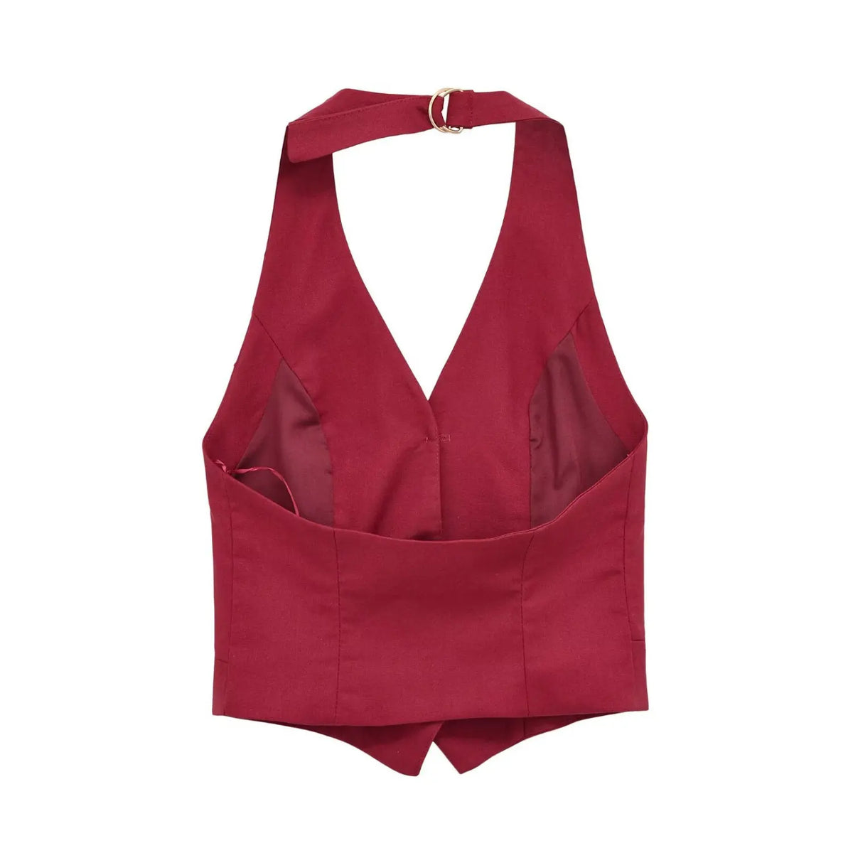 Burgundy halter button front vest, back flat lay